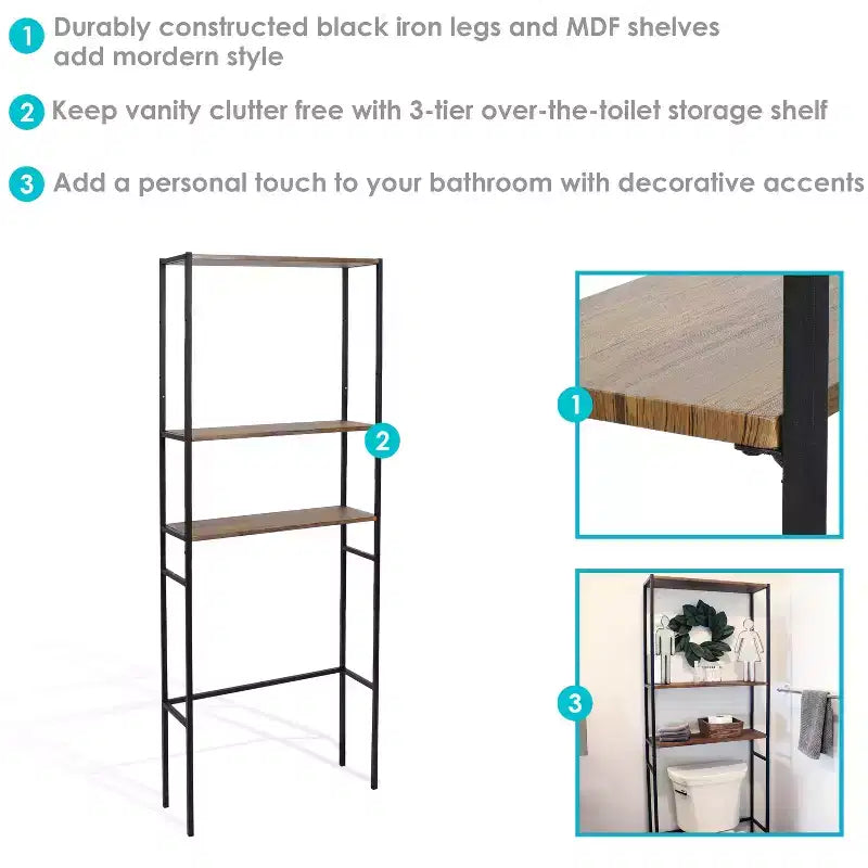 Étagère de salle de bain 3 tablettes en fer et placage avec rangement au-dessus des toilettes – Teck