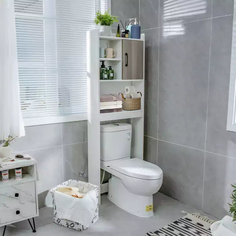 Meuble de rangement WC gain de place avec étagères ouvertes et porte