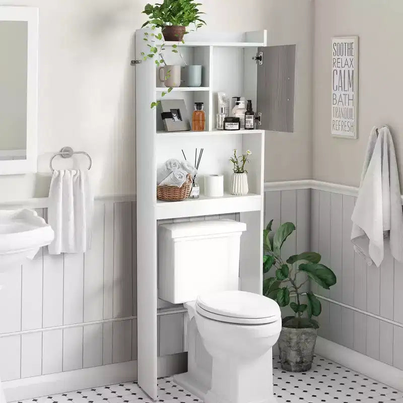 Meuble de rangement WC gain de place avec étagères ouvertes et porte