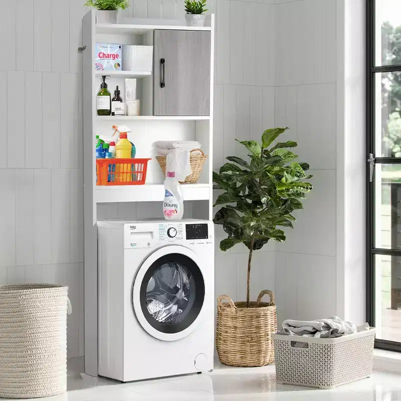 Meuble de rangement WC gain de place avec étagères ouvertes et porte