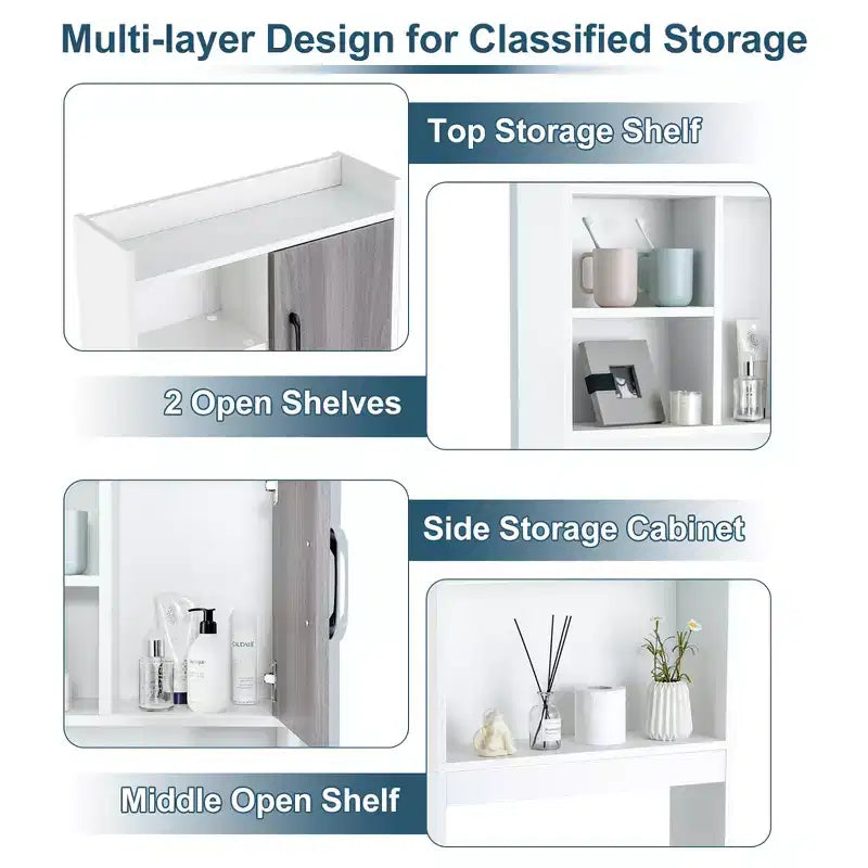 Meuble de rangement WC gain de place avec étagères ouvertes et porte