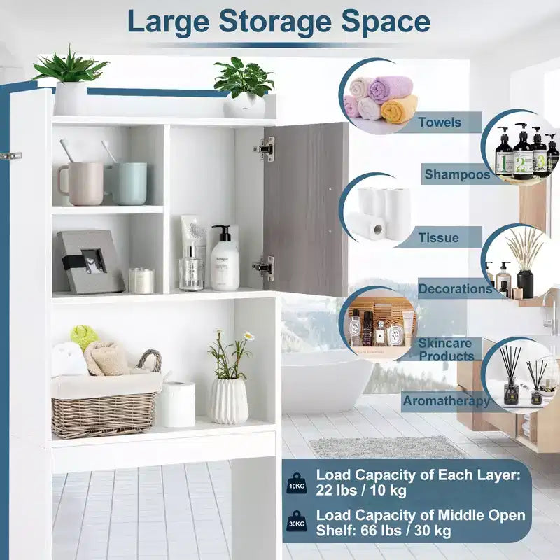 Meuble de rangement WC gain de place avec étagères ouvertes et porte
