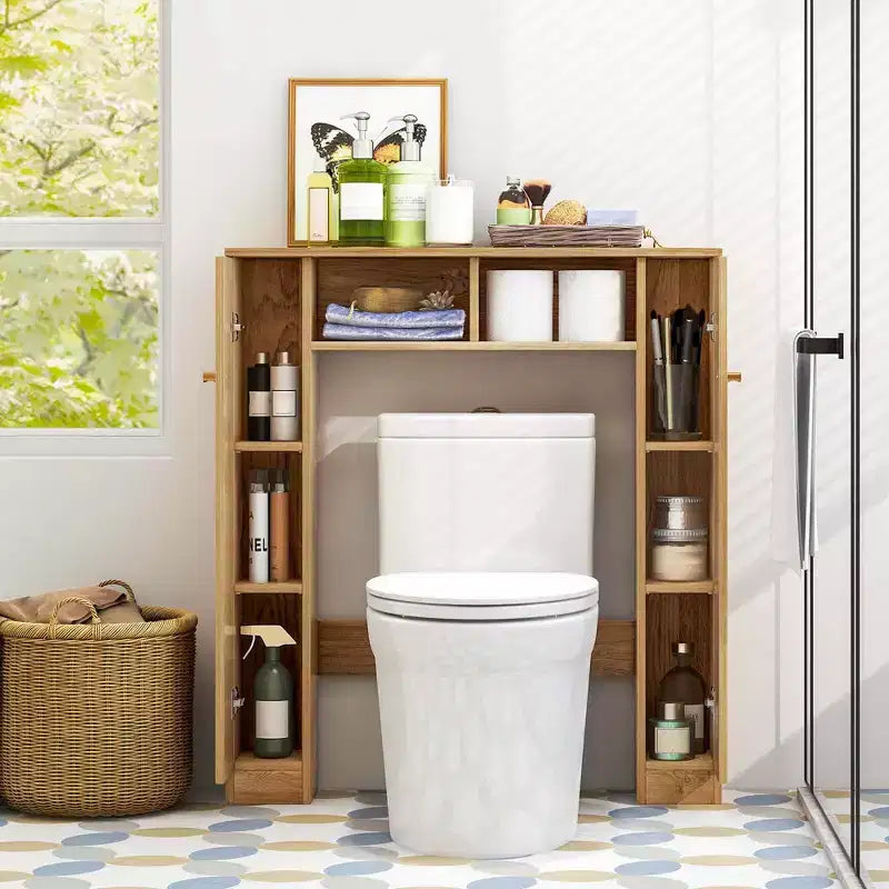 Meuble de rangement WC double porte, organisateur de rangement de salle de bain au-dessus des toilettes, naturel/blanc