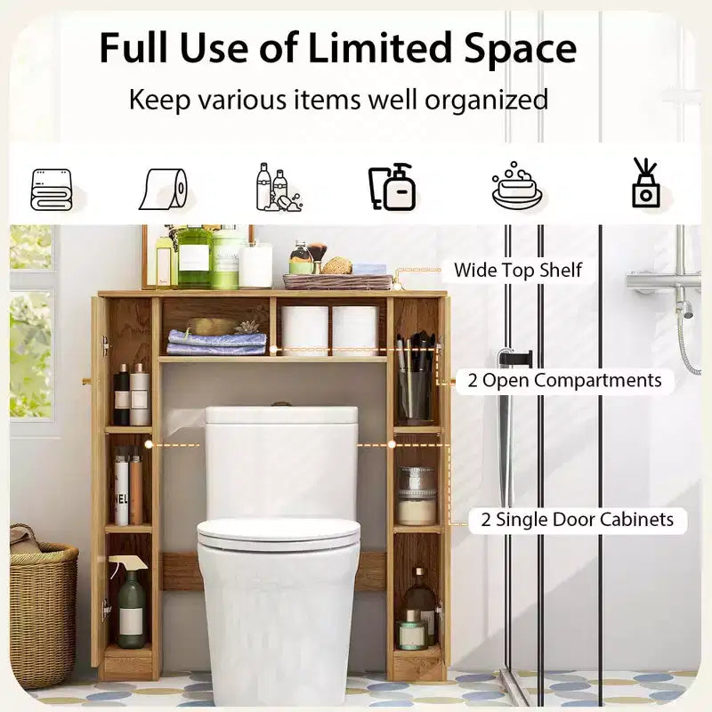 Meuble de rangement WC double porte, organisateur de rangement de salle de bain au-dessus des toilettes, naturel/blanc