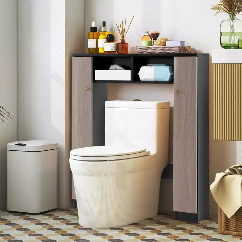 Meuble de rangement WC double porte, organisateur de rangement de salle de bain au-dessus des toilettes, naturel/blanc