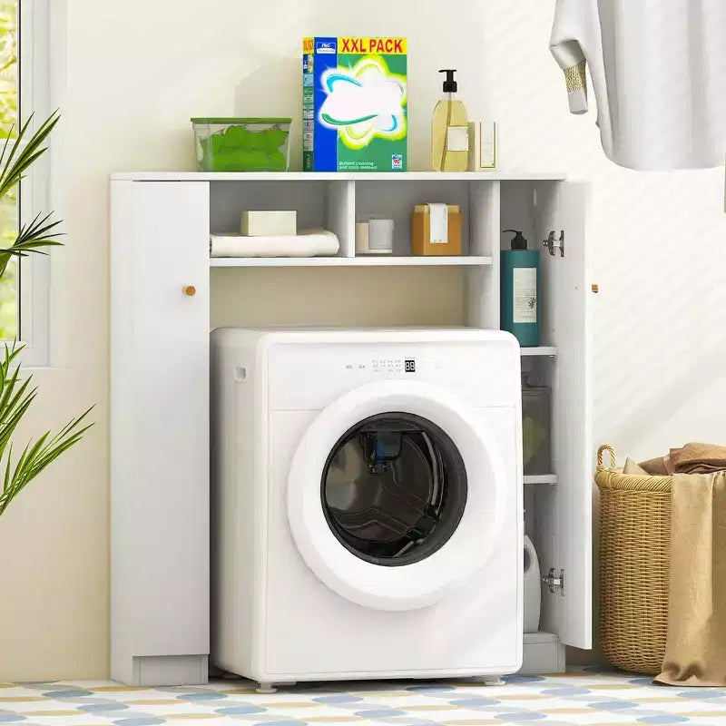 Meuble de rangement WC double porte, organisateur de rangement de salle de bain au-dessus des toilettes, naturel/blanc