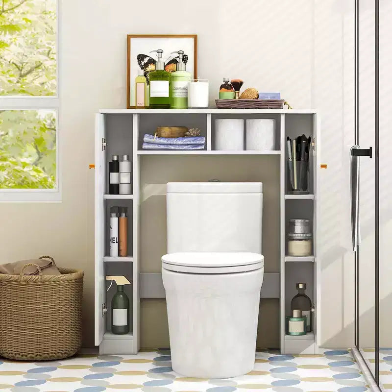 Meuble de rangement WC double porte, organisateur de rangement de salle de bain au-dessus des toilettes, naturel/blanc