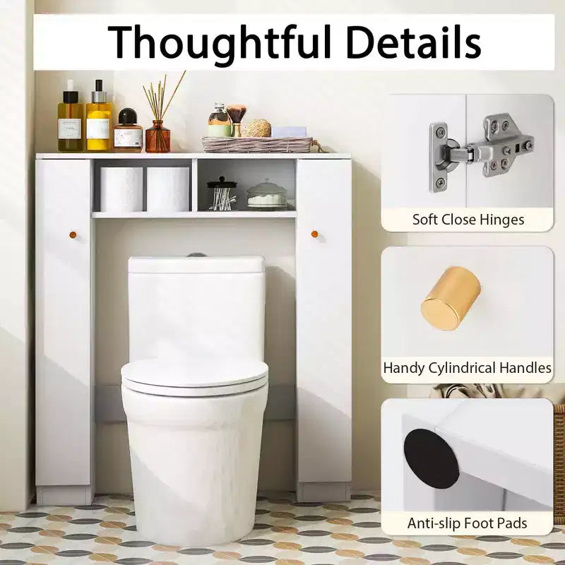Meuble de rangement WC double porte, organisateur de rangement de salle de bain au-dessus des toilettes, naturel/blanc