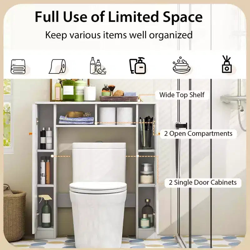 Meuble de rangement WC double porte, organisateur de rangement de salle de bain au-dessus des toilettes, naturel/blanc
