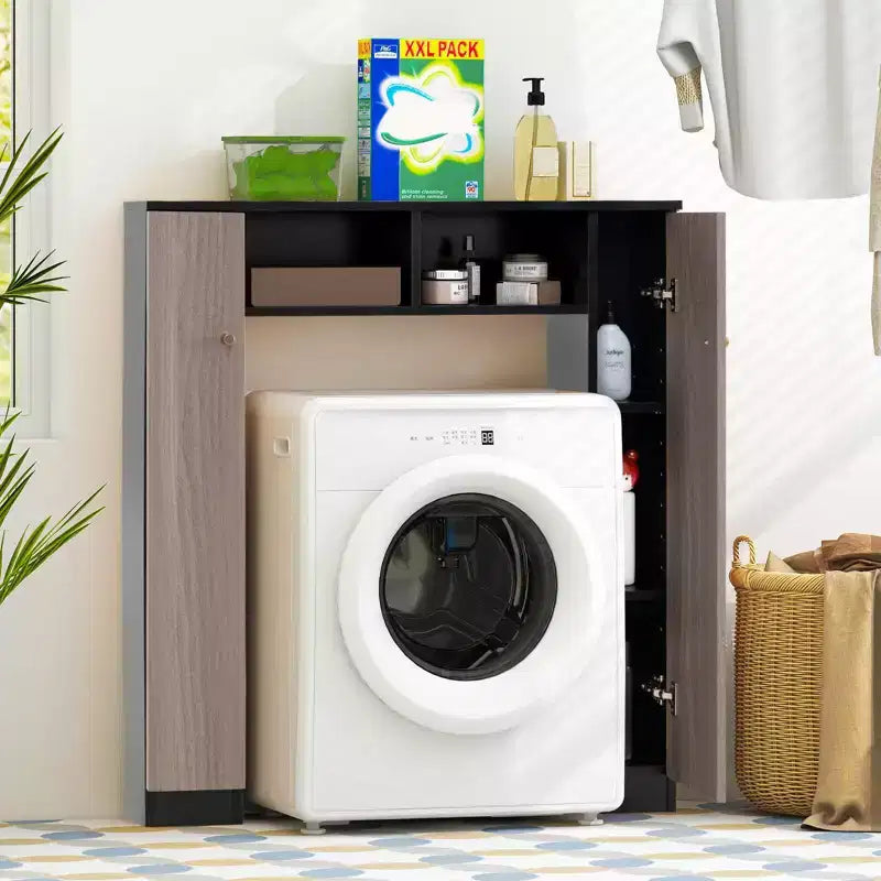 Meuble de rangement WC double porte, organisateur de rangement de salle de bain au-dessus des toilettes, naturel/blanc