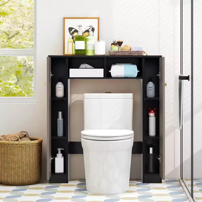 Meuble de rangement WC double porte, organisateur de rangement de salle de bain au-dessus des toilettes, naturel/blanc