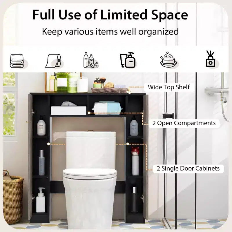 Meuble de rangement WC double porte, organisateur de rangement de salle de bain au-dessus des toilettes, naturel/blanc