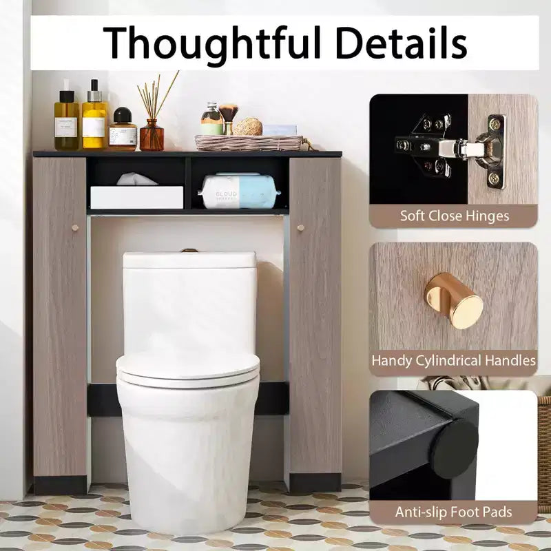 Meuble de rangement WC double porte, organisateur de rangement de salle de bain au-dessus des toilettes, naturel/blanc
