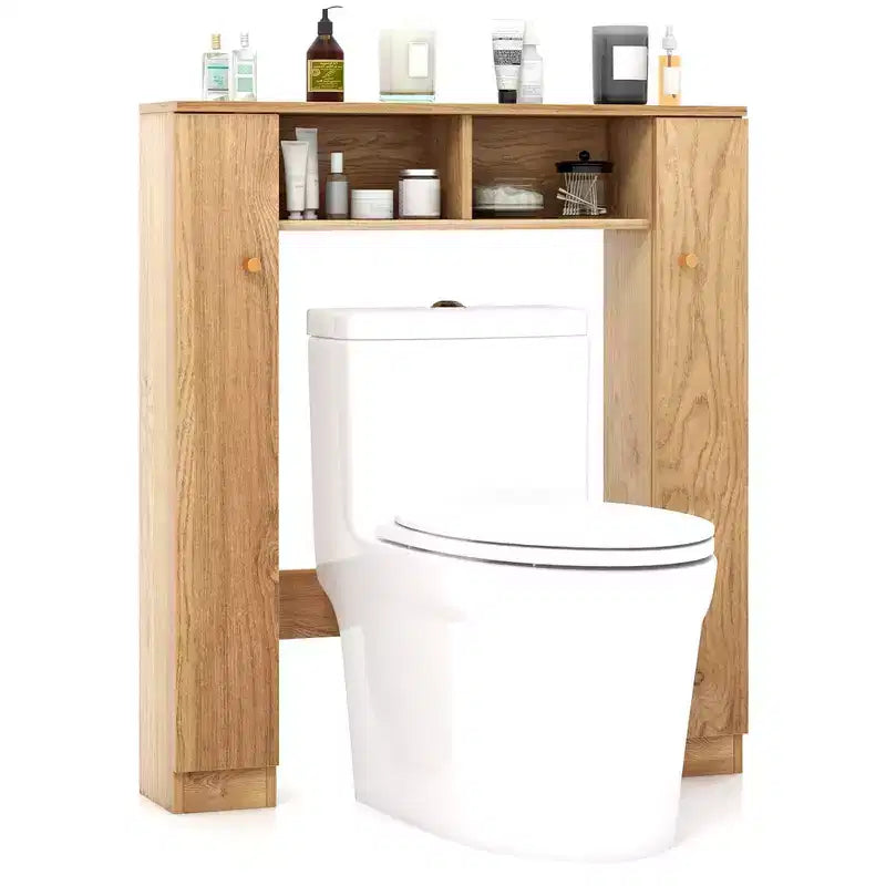 Meuble de rangement WC double porte, organisateur de rangement de salle de bain au-dessus des toilettes, naturel/blanc