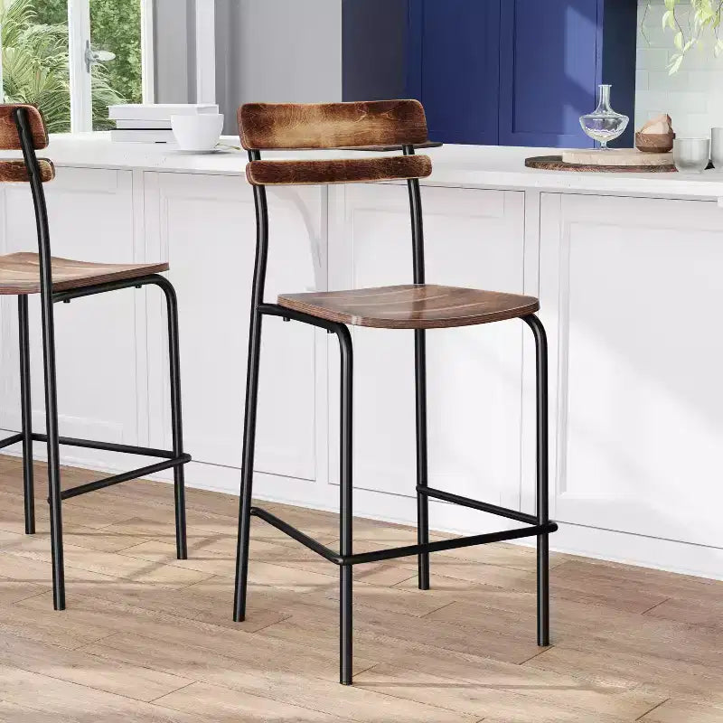 Lot de 2 tabourets de bar Flash Furniture Cyprus en bois massif de qualité commerciale avec structure en métal et finition antique