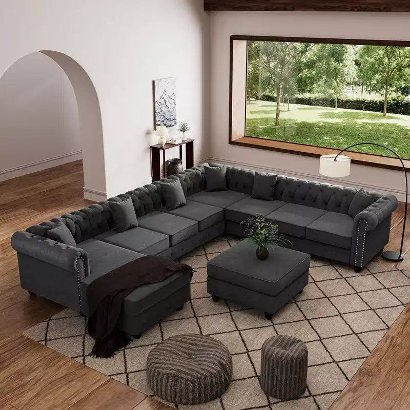 Canapé d'angle en lin 7 places en forme de U, grand canapé d'angle avec accoudoirs roulés de 132 cm et pouf - Morden Fort