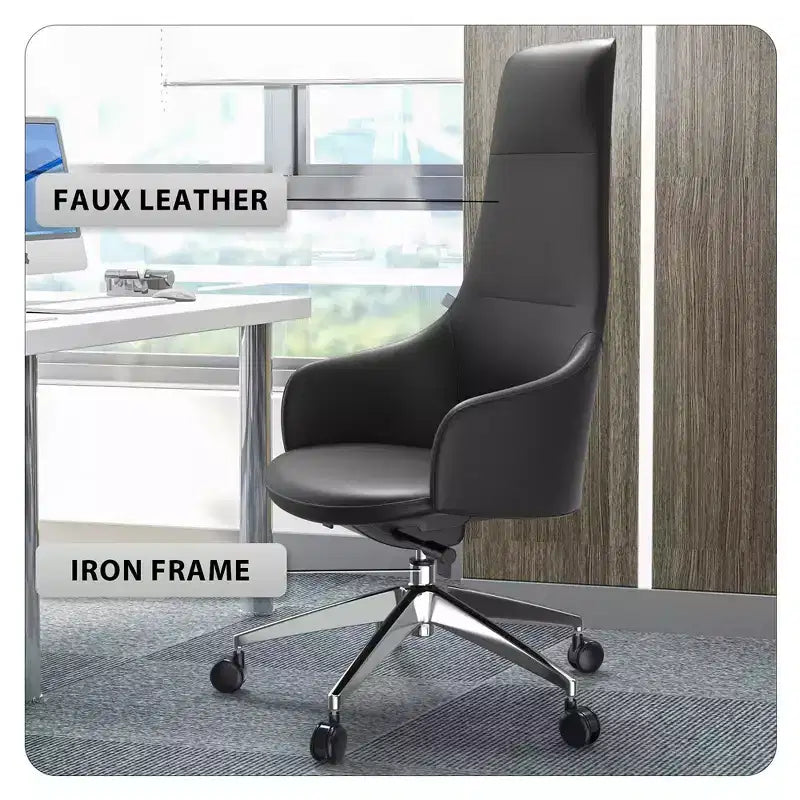 Chaise de bureau pivotante et inclinable en cuir à dossier haut avec appuie-tête LeisureMod Celeste – Chaise de bureau de direction moderne en fer