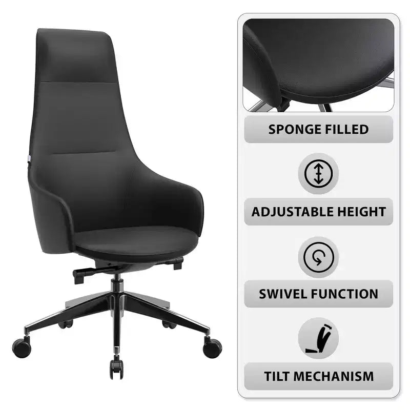 Chaise de bureau pivotante et inclinable en cuir à dossier haut avec appuie-tête LeisureMod Celeste – Chaise de bureau de direction moderne en fer