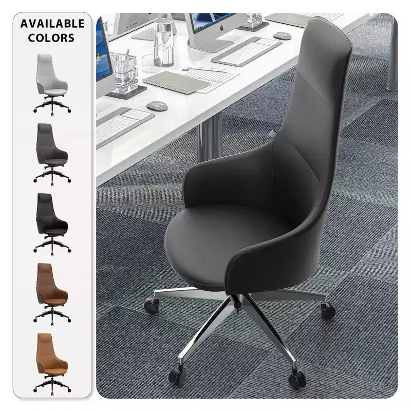 Chaise de bureau pivotante et inclinable en cuir à dossier haut avec appuie-tête LeisureMod Celeste – Chaise de bureau de direction moderne en fer