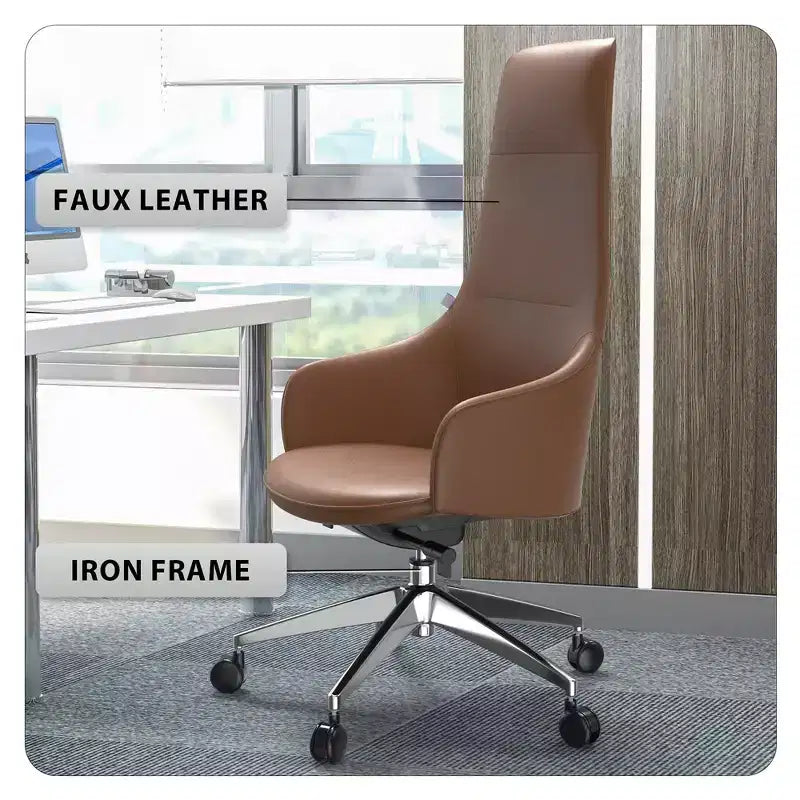 Chaise de bureau pivotante et inclinable en cuir à dossier haut avec appuie-tête LeisureMod Celeste – Chaise de bureau de direction moderne en fer