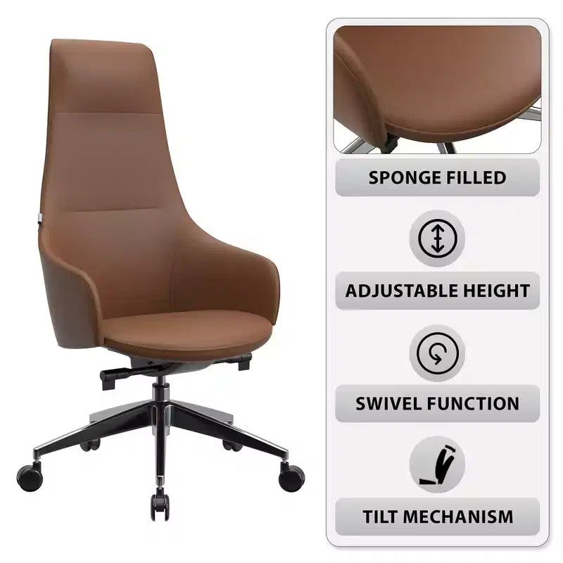 Chaise de bureau pivotante et inclinable en cuir à dossier haut avec appuie-tête LeisureMod Celeste – Chaise de bureau de direction moderne en fer