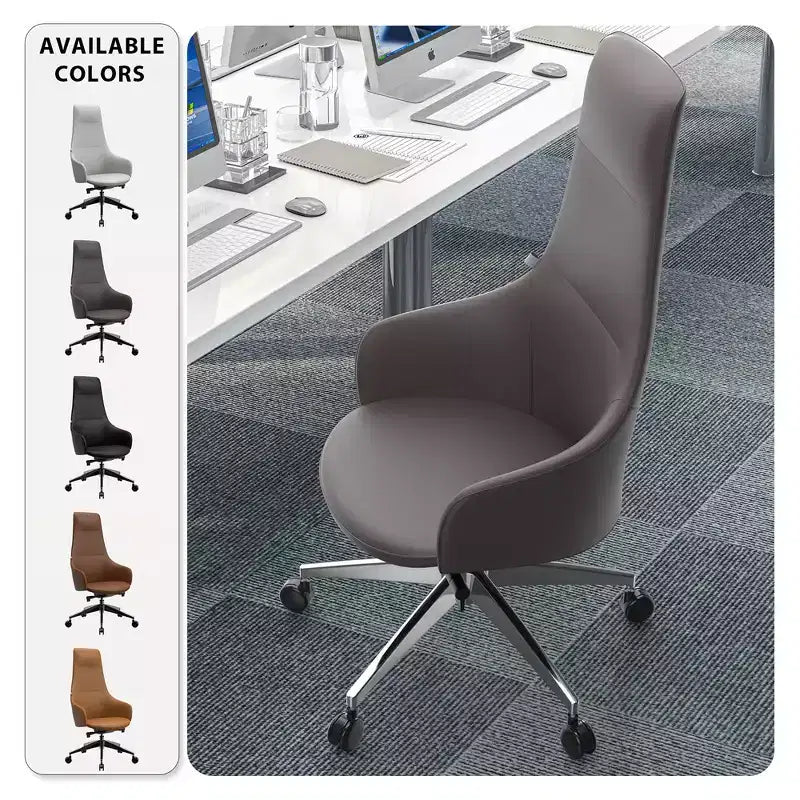 Chaise de bureau pivotante et inclinable en cuir à dossier haut avec appuie-tête LeisureMod Celeste – Chaise de bureau de direction moderne en fer