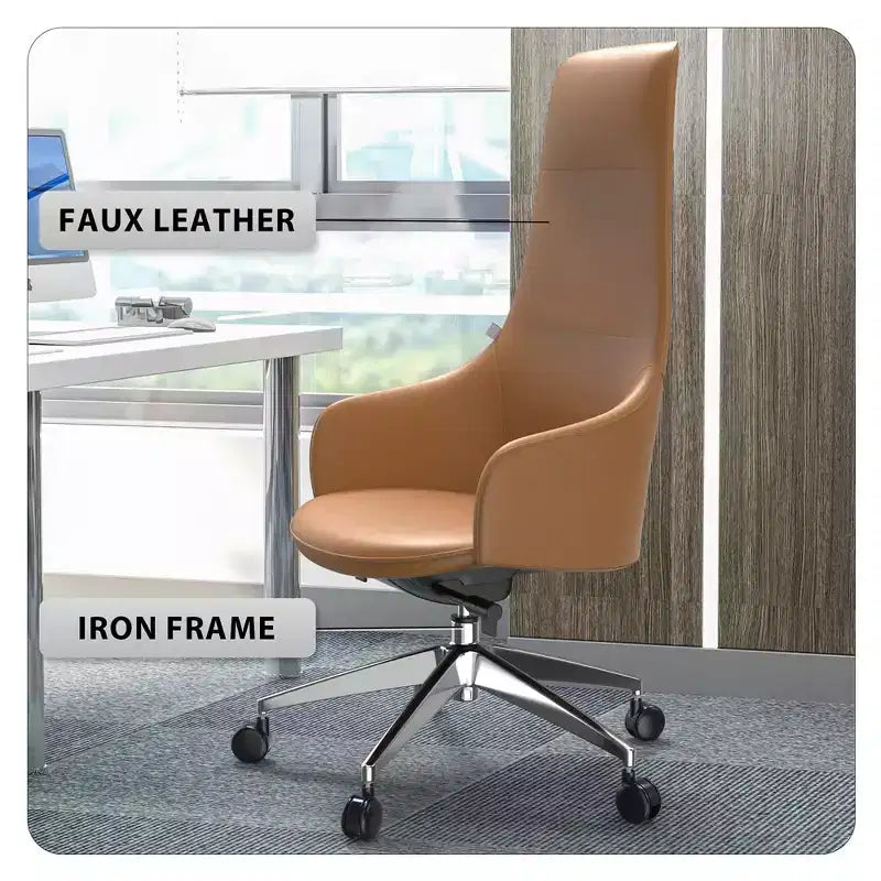 Chaise de bureau pivotante et inclinable en cuir à dossier haut avec appuie-tête LeisureMod Celeste – Chaise de bureau de direction moderne en fer