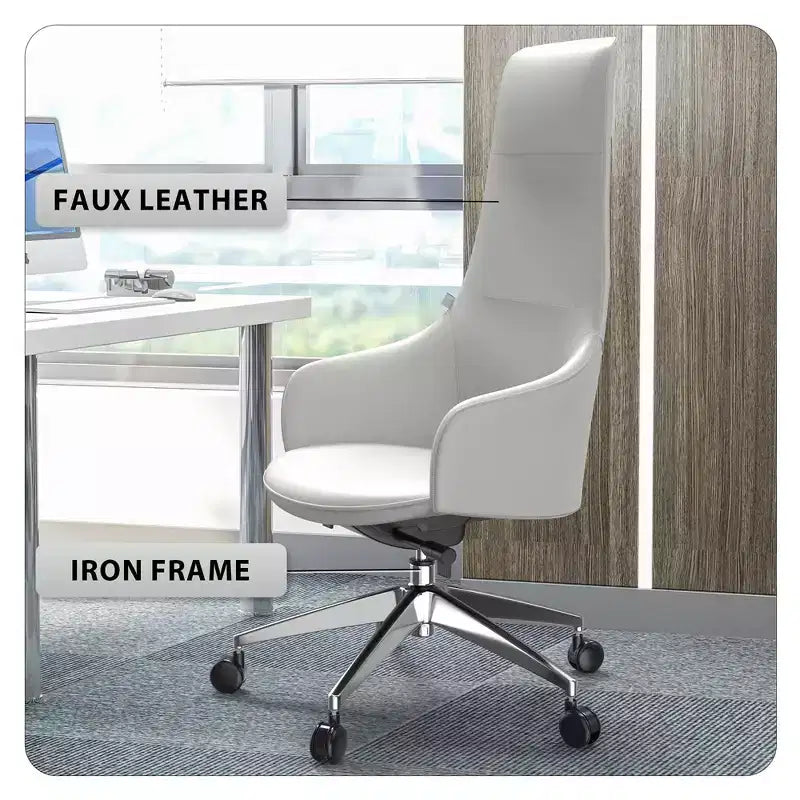Chaise de bureau pivotante et inclinable en cuir à dossier haut avec appuie-tête LeisureMod Celeste – Chaise de bureau de direction moderne en fer