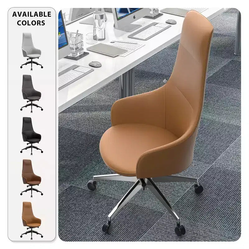 Chaise de bureau pivotante et inclinable en cuir à dossier haut avec appuie-tête LeisureMod Celeste – Chaise de bureau de direction moderne en fer
