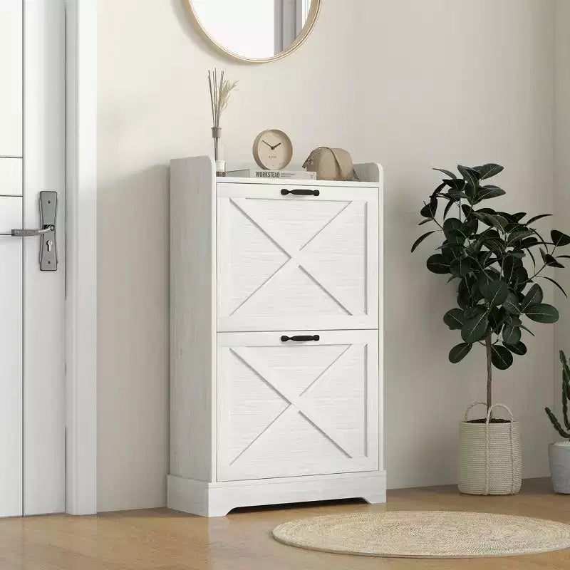Meuble à chaussures étroit HOMCOM, meuble de rangement pour chaussures de style ferme avec 2 tiroirs basculants et étagères réglables pour 8 paires de chaussures, blanc vieilli