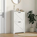 Meuble à chaussures étroit HOMCOM, meuble de rangement pour chaussures de style ferme avec 2 tiroirs basculants et étagères réglables pour 8 paires de chaussures, blanc vieilli