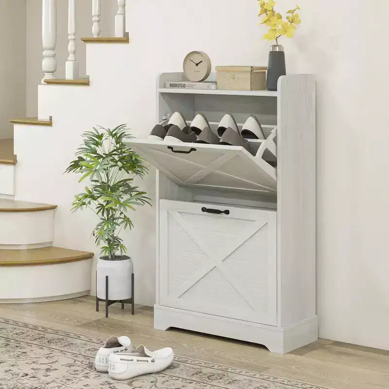 Meuble à chaussures étroit HOMCOM, meuble de rangement pour chaussures de style ferme avec 2 tiroirs basculants et étagères réglables pour 8 paires de chaussures, blanc vieilli