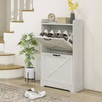 Meuble à chaussures étroit HOMCOM, meuble de rangement pour chaussures de style ferme avec 2 tiroirs basculants et étagères réglables pour 8 paires de chaussures, blanc vieilli