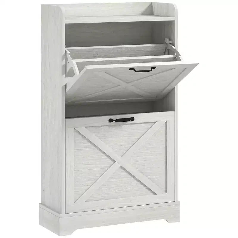 Meuble à chaussures étroit HOMCOM, meuble de rangement pour chaussures de style ferme avec 2 tiroirs basculants et étagères réglables pour 8 paires de chaussures, blanc vieilli
