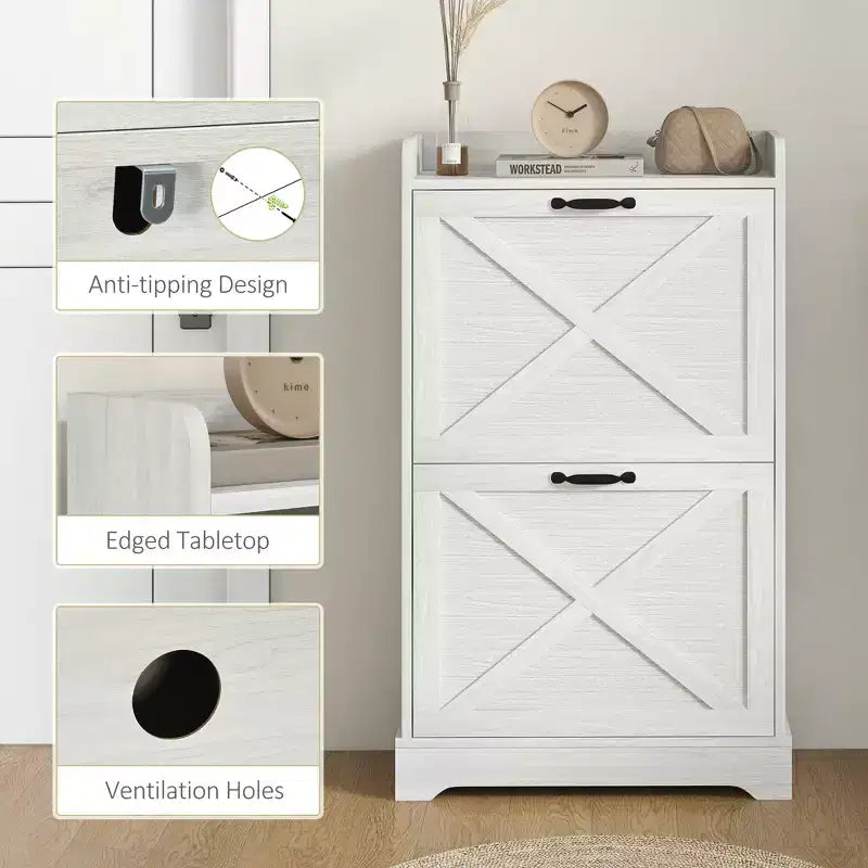 Meuble à chaussures étroit HOMCOM, meuble de rangement pour chaussures de style ferme avec 2 tiroirs basculants et étagères réglables pour 8 paires de chaussures, blanc vieilli