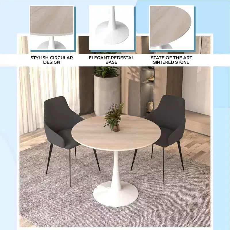 Table à manger ronde LeisureMod Bristol 35 - Plateau en pierre frittée - Table d'appoint de café et base de piédestal robuste en acier blanc pour cuisine et petits espaces