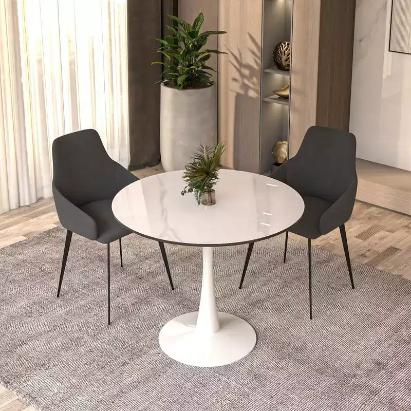 Table à manger ronde LeisureMod Bristol 35 - Plateau en pierre frittée - Table d'appoint de café et base de piédestal robuste en acier blanc pour cuisine et petits espaces