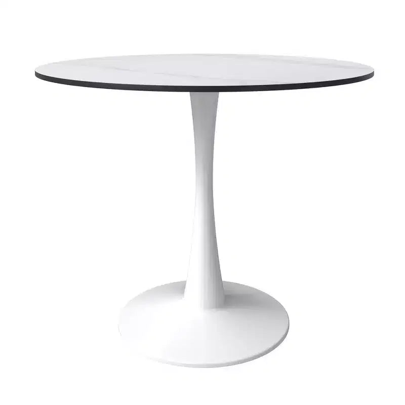 Table à manger ronde LeisureMod Bristol 35 - Plateau en pierre frittée - Table d'appoint de café et base de piédestal robuste en acier blanc pour cuisine et petits espaces