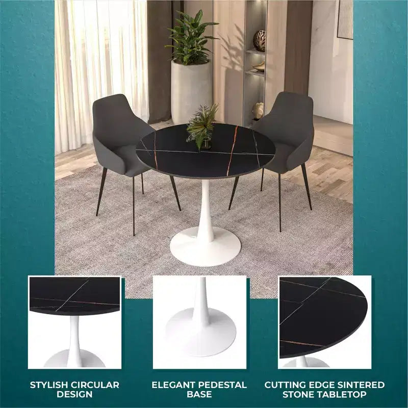 Table à manger ronde LeisureMod Bristol 35 - Plateau en pierre frittée - Table d'appoint de café et base de piédestal robuste en acier blanc pour cuisine et petits espaces