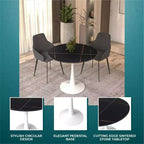 Table à manger ronde LeisureMod Bristol 35 - Plateau en pierre frittée - Table d'appoint de café et base de piédestal robuste en acier blanc pour cuisine et petits espaces