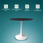 Table à manger ronde LeisureMod Bristol 35 - Plateau en pierre frittée - Table d'appoint de café et base de piédestal robuste en acier blanc pour cuisine et petits espaces