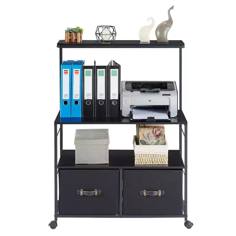 Meuble de classement latéral à 2 tiroirs VECELO, support roulant pour imprimante avec 3 étagères de rangement ouvertes, compatible format A4 ou Lettre, noir/marron