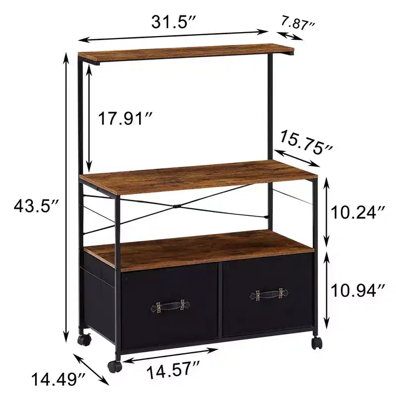 Meuble de classement latéral à 2 tiroirs VECELO, support roulant pour imprimante avec 3 étagères de rangement ouvertes, compatible format A4 ou Lettre, noir/marron