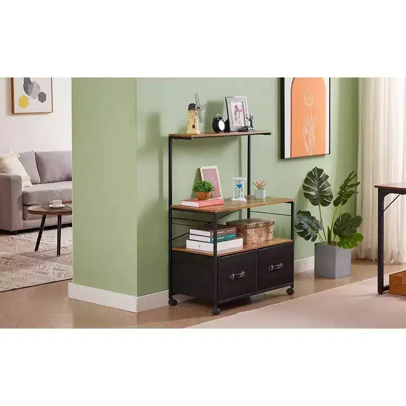 Meuble de classement latéral à 2 tiroirs VECELO, support roulant pour imprimante avec 3 étagères de rangement ouvertes, compatible format A4 ou Lettre, noir/marron
