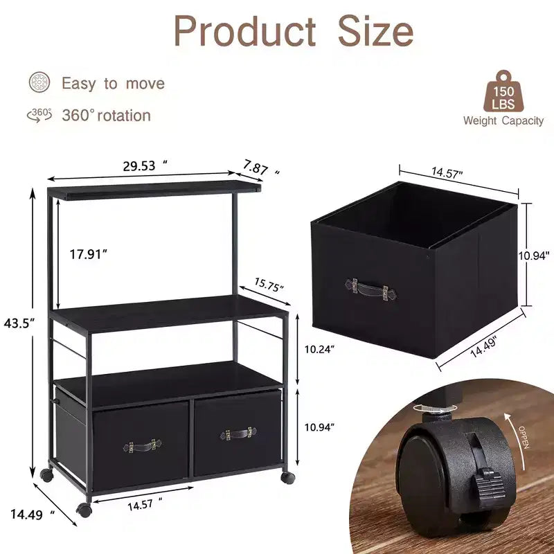 Meuble de classement latéral à 2 tiroirs VECELO, support roulant pour imprimante avec 3 étagères de rangement ouvertes, compatible format A4 ou Lettre, noir/marron