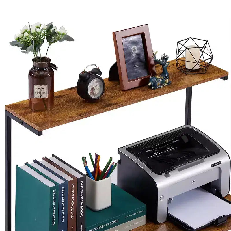 Meuble de classement latéral à 2 tiroirs VECELO, support roulant pour imprimante avec 3 étagères de rangement ouvertes, compatible format A4 ou Lettre, noir/marron