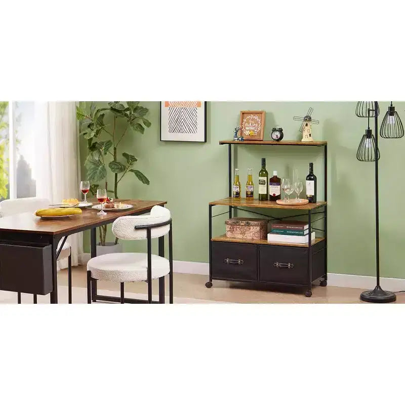 Meuble de classement latéral à 2 tiroirs VECELO, support roulant pour imprimante avec 3 étagères de rangement ouvertes, compatible format A4 ou Lettre, noir/marron