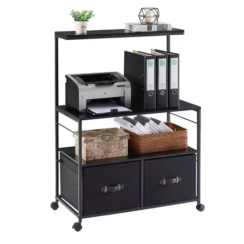 Meuble de classement latéral à 2 tiroirs VECELO, support roulant pour imprimante avec 3 étagères de rangement ouvertes, compatible format A4 ou Lettre, noir/marron