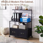 Meuble de classement latéral à 2 tiroirs VECELO, support roulant pour imprimante avec 3 étagères de rangement ouvertes, compatible format A4 ou Lettre, noir/marron