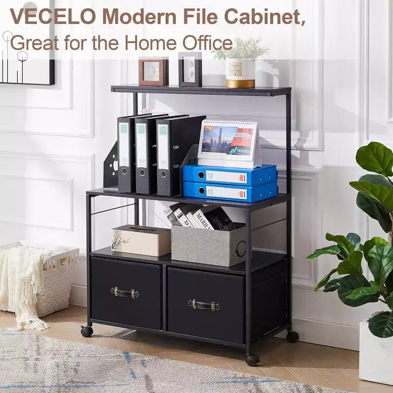 Meuble de classement latéral à 2 tiroirs VECELO, support roulant pour imprimante avec 3 étagères de rangement ouvertes, compatible format A4 ou Lettre, noir/marron